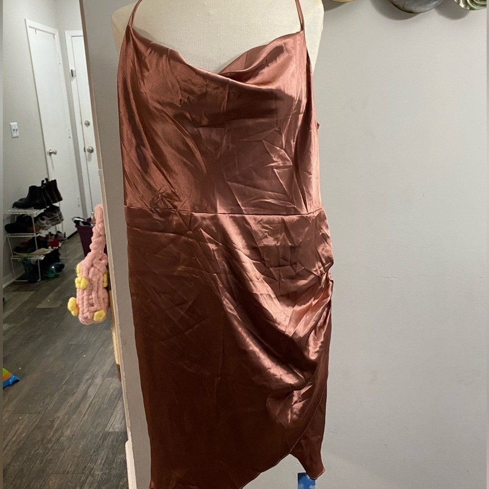 CIDER SATIN ASYMMETRICAL MINI DRESS CURVE & PLUS COWL NECK